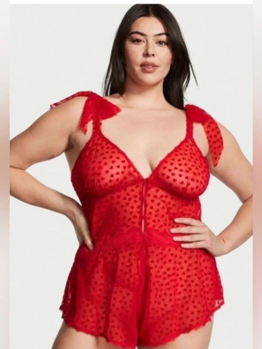 NWT Victoria's Secret flocked heart tulle red lace romper Teddy Lingerie Sz S